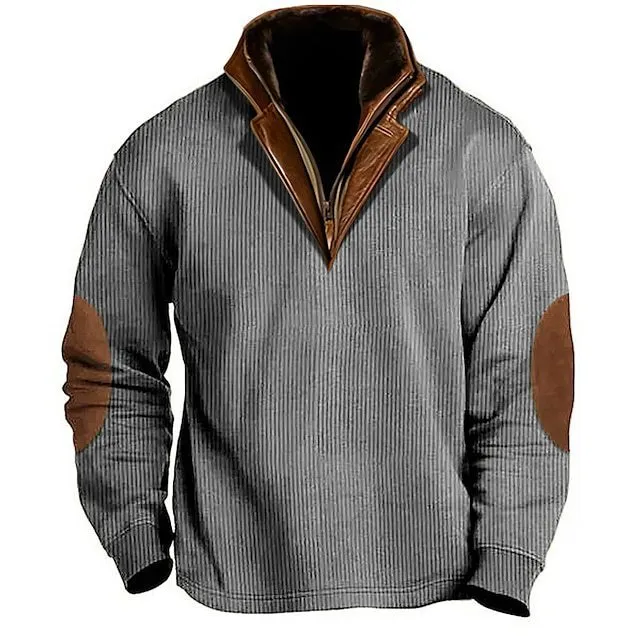 Men's stand collar pullover sweater in beige, breathable polyester fiber, long sleeves, outdoor casual wear