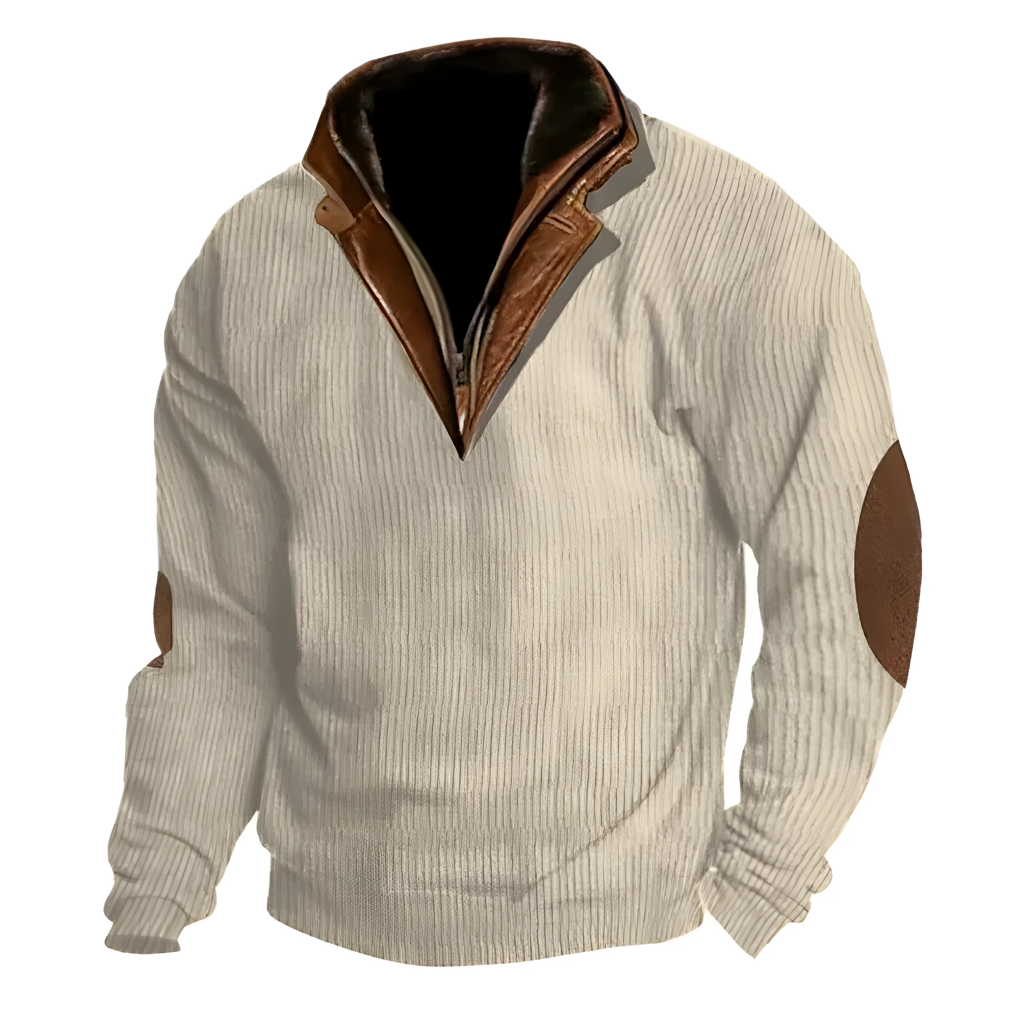 Men's stand collar pullover sweater in beige, breathable polyester fiber, long sleeves, outdoor casual wear