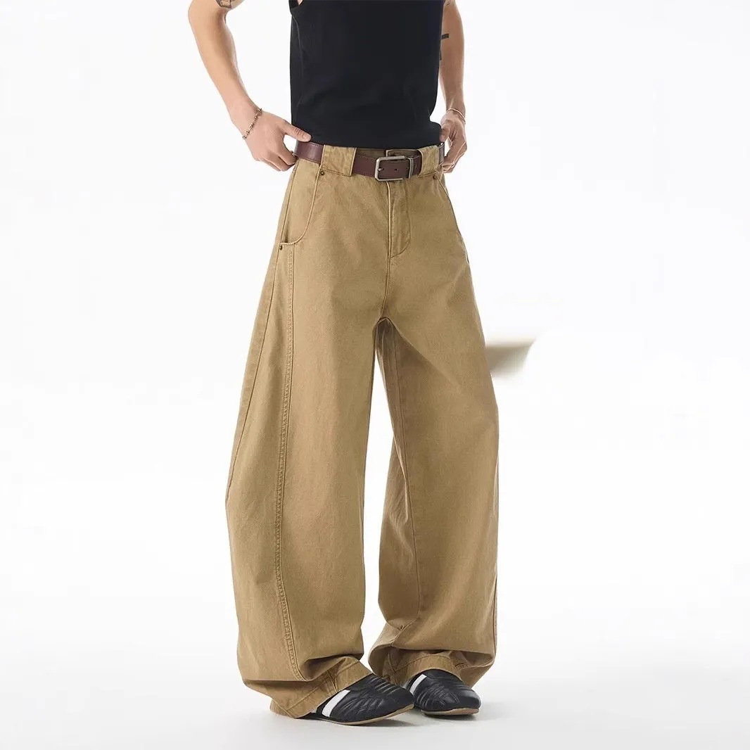 Brown Korean style straight leg men's jeans with mid waist and cardigan button flight opening