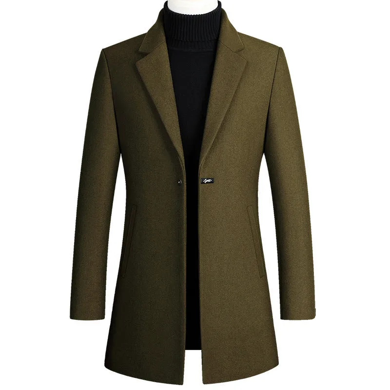 Korean style long woolen trench coat with one button, slim fit, straight hem, in army green colour