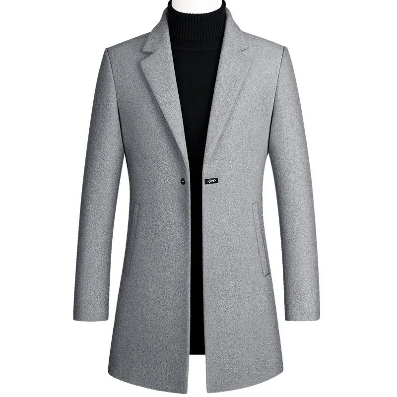 Korean style long woolen trench coat with one button, slim fit, straight hem, in army green colour