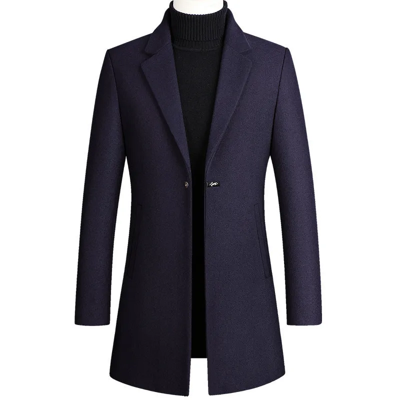 Korean style long woolen trench coat with one button, slim fit, straight hem, in army green colour