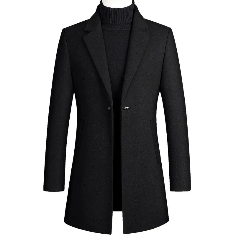 Korean style long woolen trench coat with one button, slim fit, straight hem, in army green colour