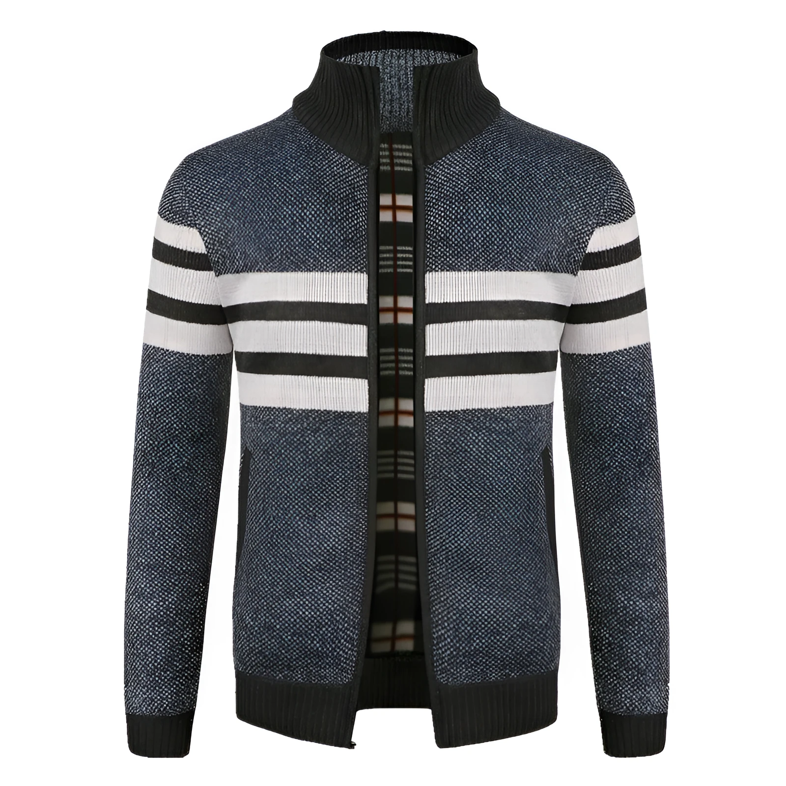 Dark gray loose-fit cardigan sweater on a casual background, showing acetate cotton blend fabric and open front