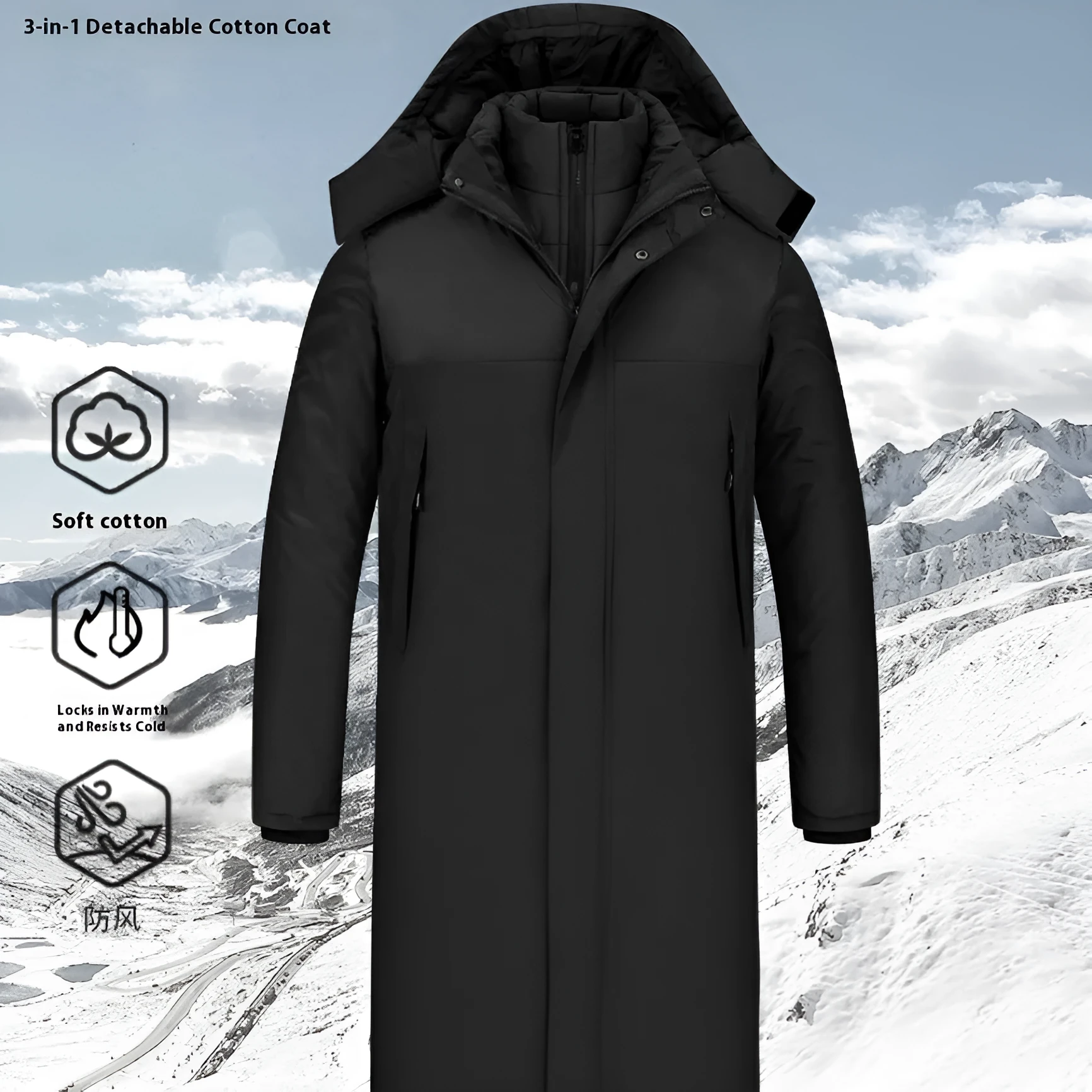 Men's long windproof waterproof cotton shell jacket in black, polyester fibre, sizes S to 5XL