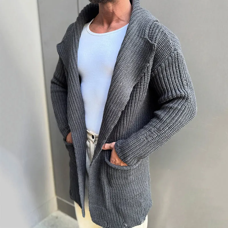 Long sleeve slim-fit mid-length knitted cardigan in army green with button front, on a model, front view