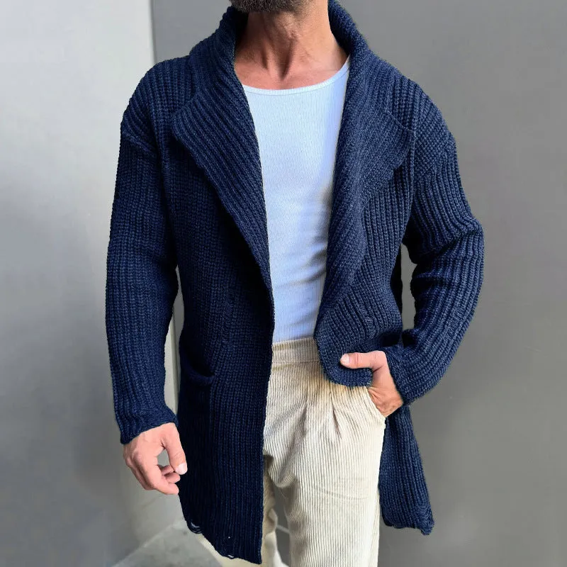 Long sleeve slim-fit mid-length knitted cardigan in army green with button front, on a model, front view