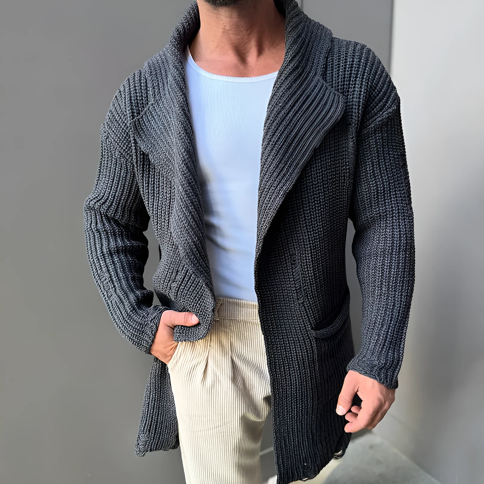 Long sleeve slim-fit mid-length knitted cardigan in army green with button front, on a model, front view