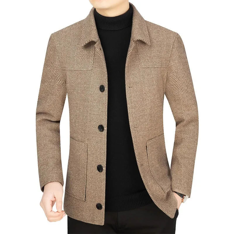 Men's lapel woolen business casual jacket in khaki color, long sleeves, regular length