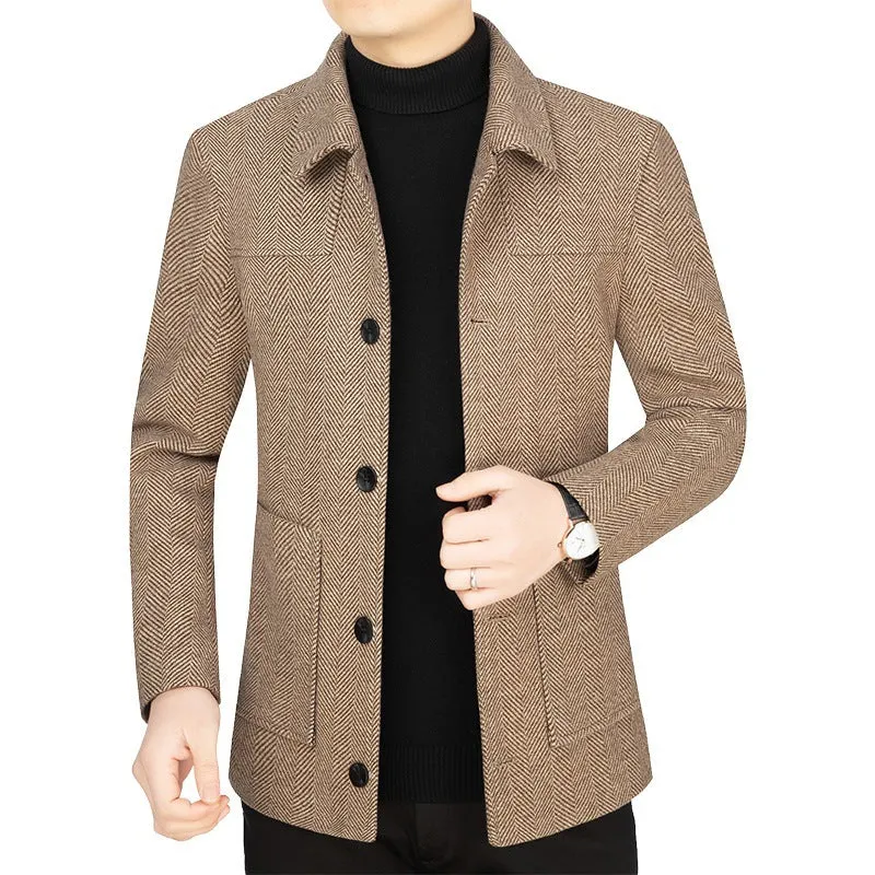 Men's lapel woolen business casual jacket in khaki color, long sleeves, regular length