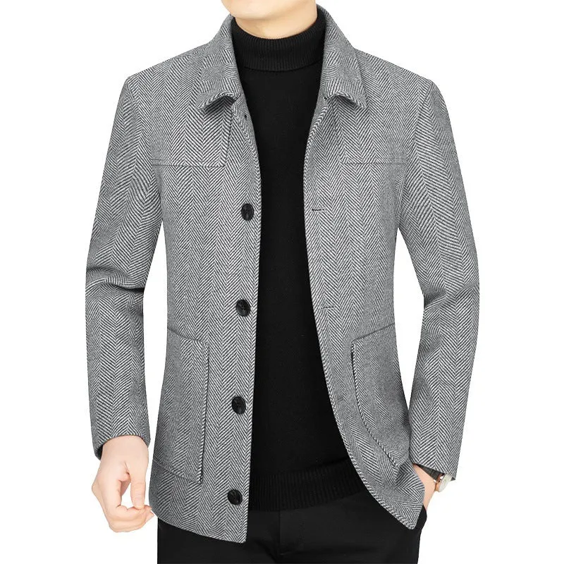 Men's lapel woolen business casual jacket in khaki color, long sleeves, regular length