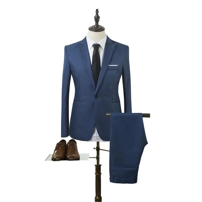 Men's two-piece solid colour leisure suit set with jacket and trousers in light business style