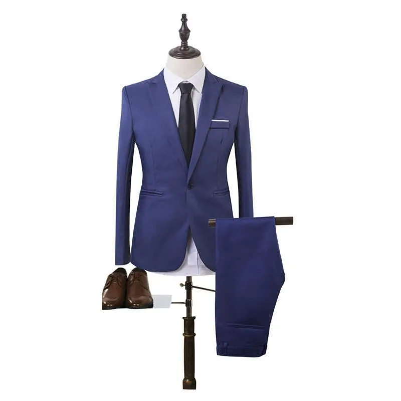 Men's two-piece solid colour leisure suit set with jacket and trousers in light business style