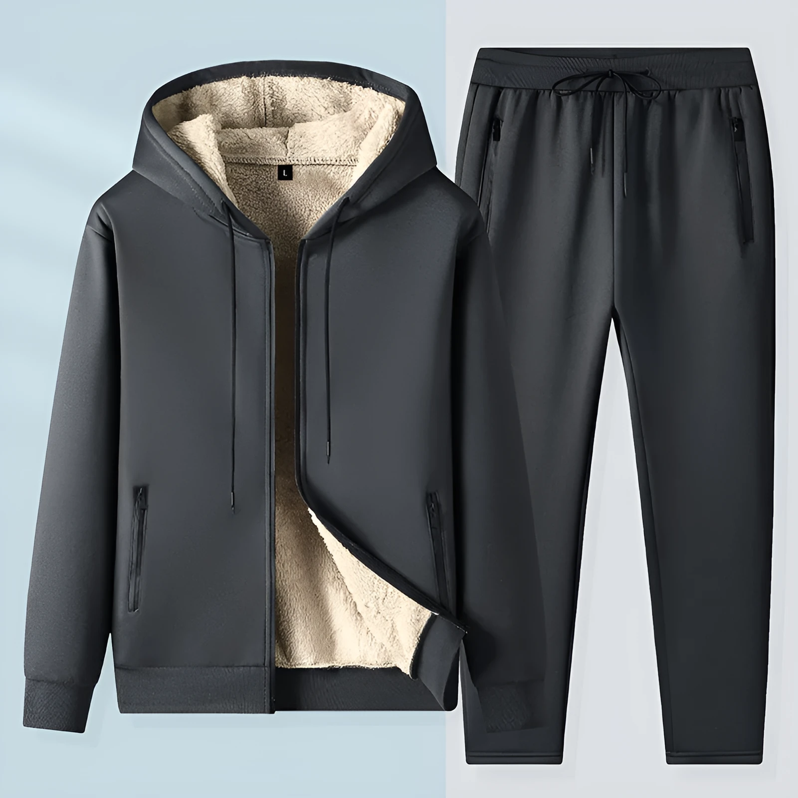 Men's gray hooded jacket and trousers set with wool lining, long sleeves, full-length pants, size M to 5XL