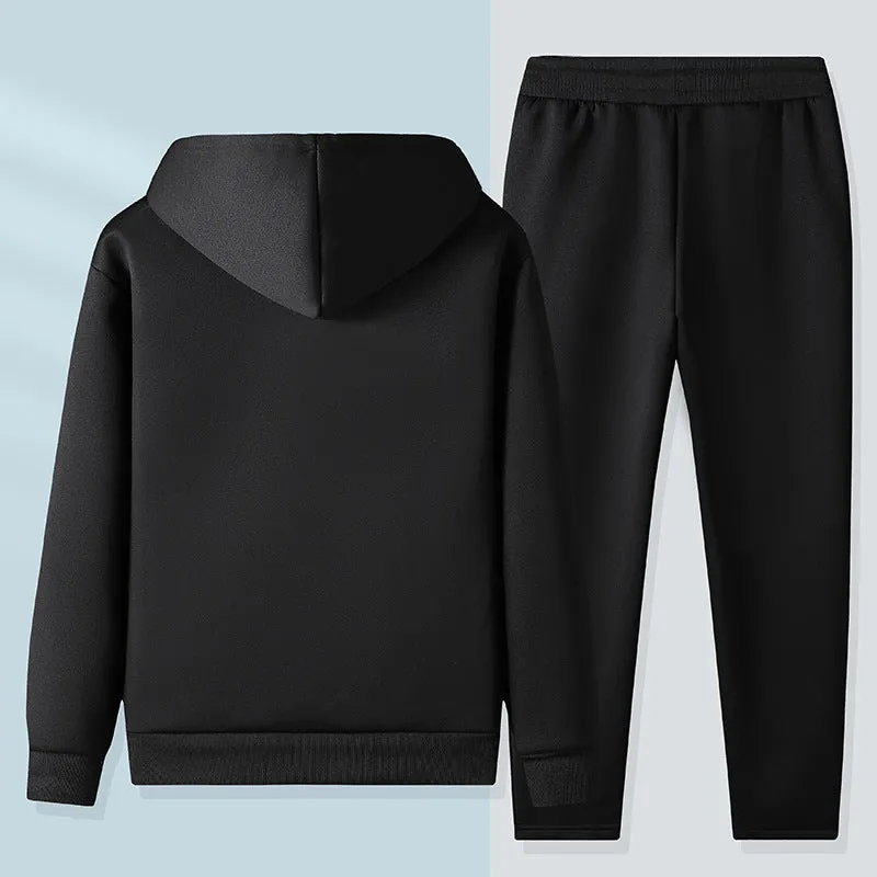 Men's gray hooded jacket and trousers set with wool lining, long sleeves, full-length pants, size M to 5XL