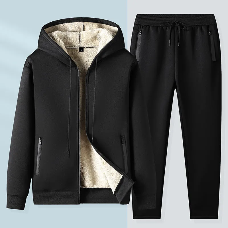 Men's gray hooded jacket and trousers set with wool lining, long sleeves, full-length pants, size M to 5XL