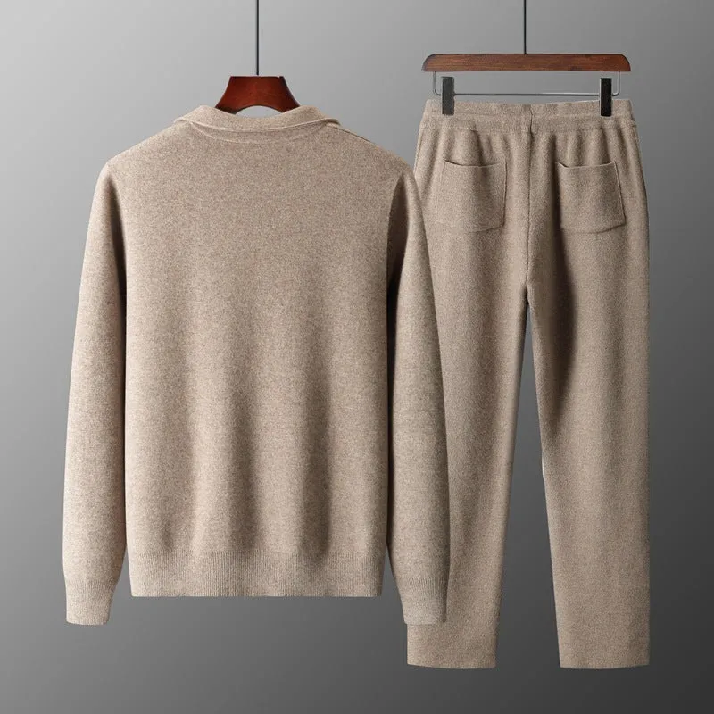 Men's loose lapels thickened wool knit cardigan suit in camel, oversized fit, two-piece set