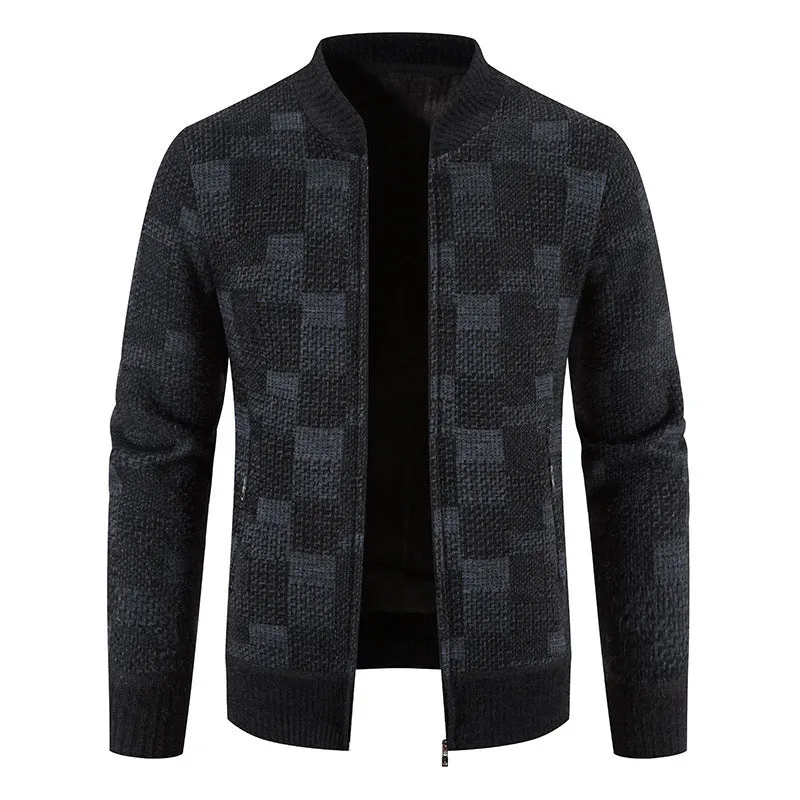 Men's fleece-lined thickened baseball collar plaid knitted cardigan in brown, slim fit, winter casual coat