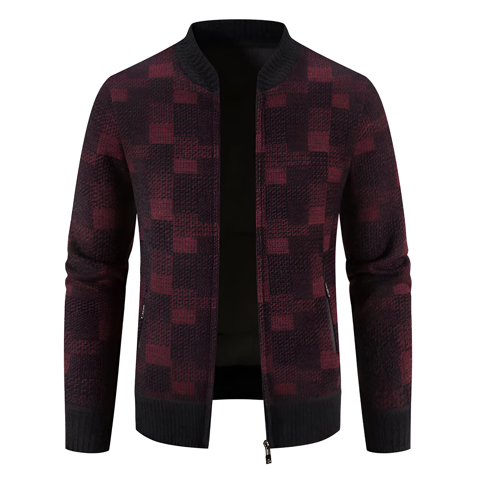 Men's fleece-lined thickened baseball collar plaid knitted cardigan in brown, slim fit, winter casual coat