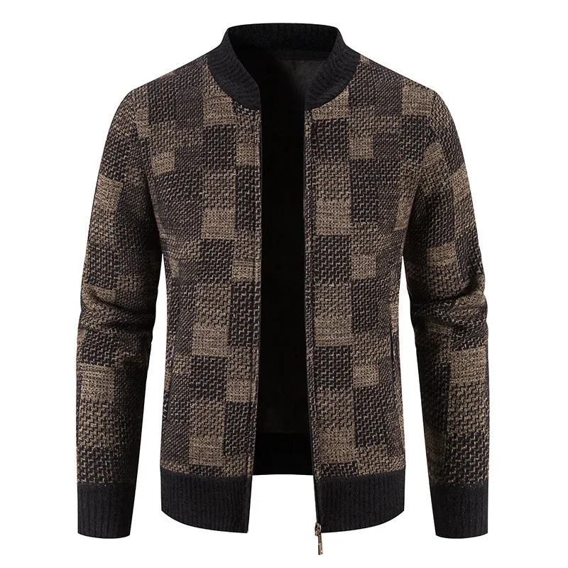 Men's fleece-lined thickened baseball collar plaid knitted cardigan in brown, slim fit, winter casual coat