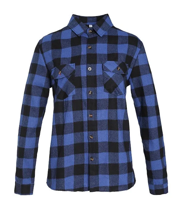 Dark blue and black long-sleeved checked shirt with double chest pockets and lapel collar for men, shown from front, autumn casual wear