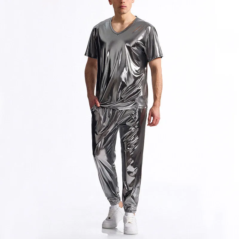 Men's bright surface bronzing disco suit with rabbit fur fabric, short sleeve t-shirt and shorts in silver colour