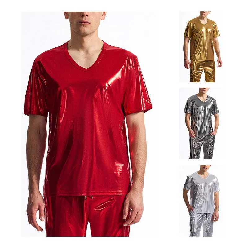 Men's bright surface bronzing disco suit with rabbit fur fabric, short sleeve t-shirt and shorts in silver colour