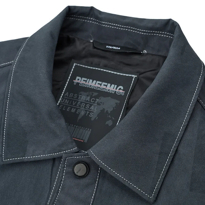 Men's grey denim jacket coat with lapel collar and multiple pockets, slim fit, front view