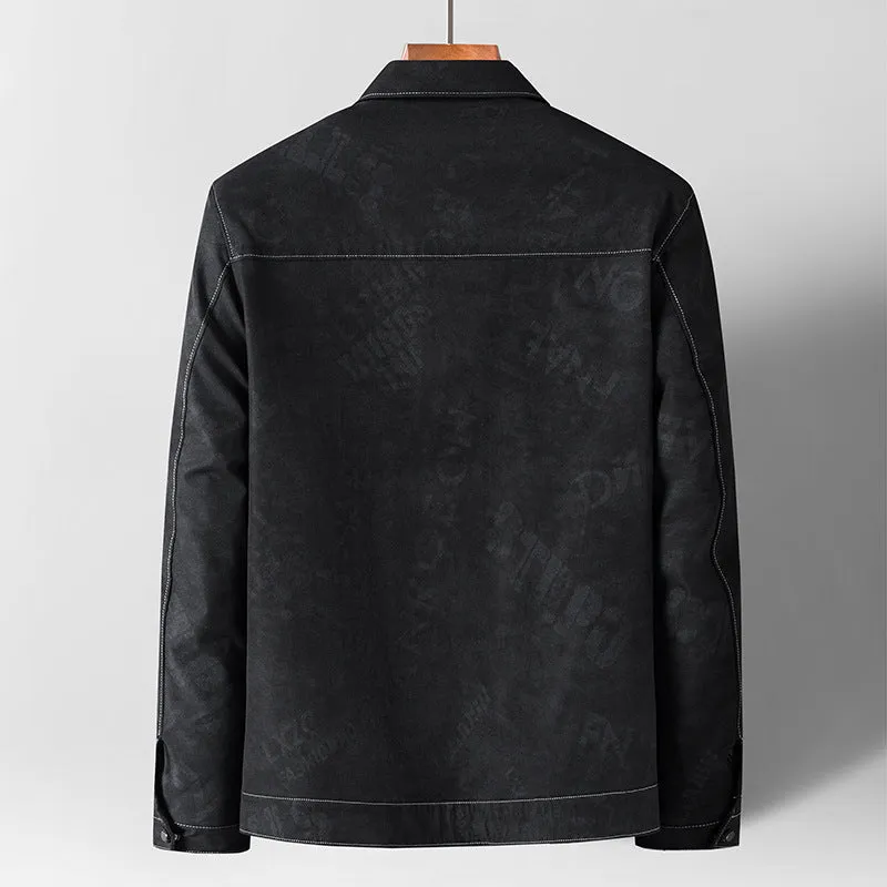 Men's grey denim jacket coat with lapel collar and multiple pockets, slim fit, front view