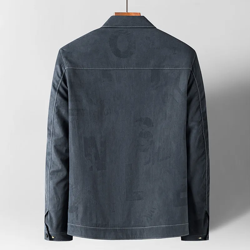 Men's grey denim jacket coat with lapel collar and multiple pockets, slim fit, front view