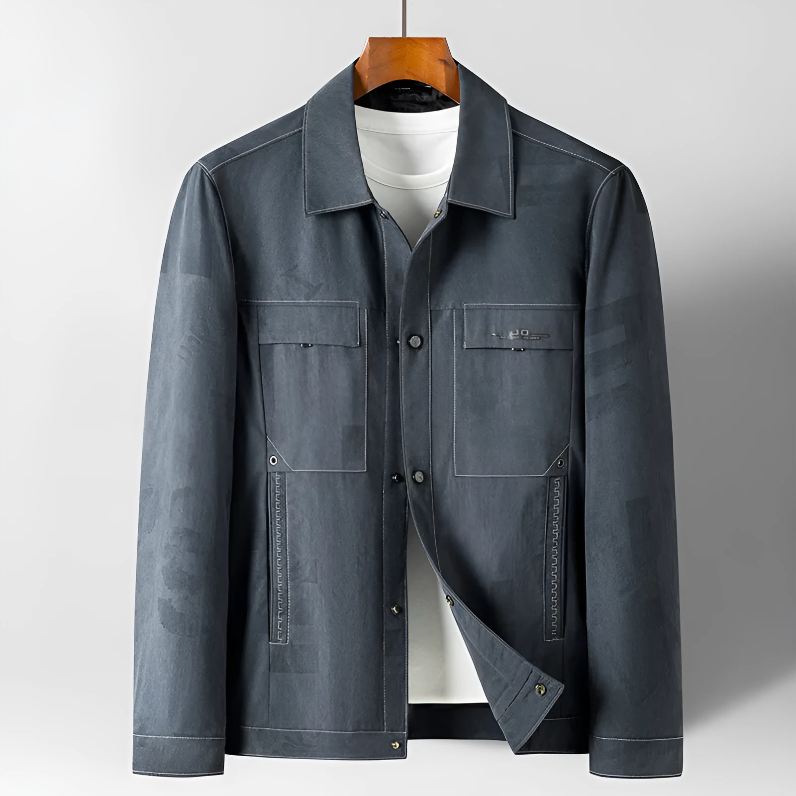 Men's grey denim jacket coat with lapel collar and multiple pockets, slim fit, front view
