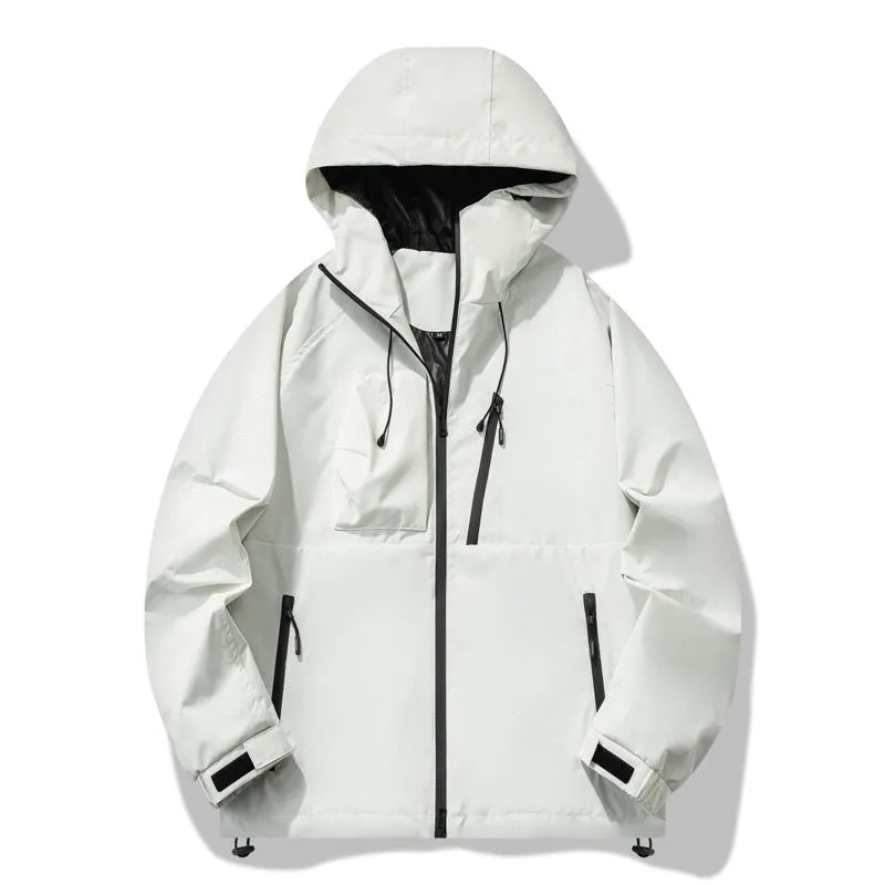 Men's black three-proof outdoor windproof waterproof jacket with zippered pockets, regular fit, polyester blend fabric