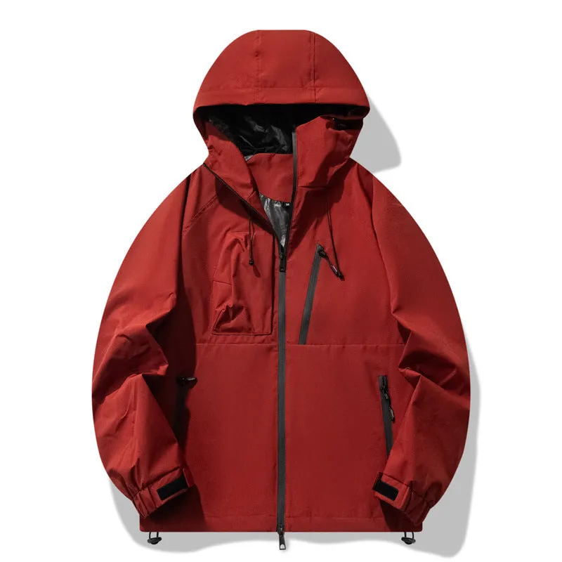 Men's black three-proof outdoor windproof waterproof jacket with zippered pockets, regular fit, polyester blend fabric