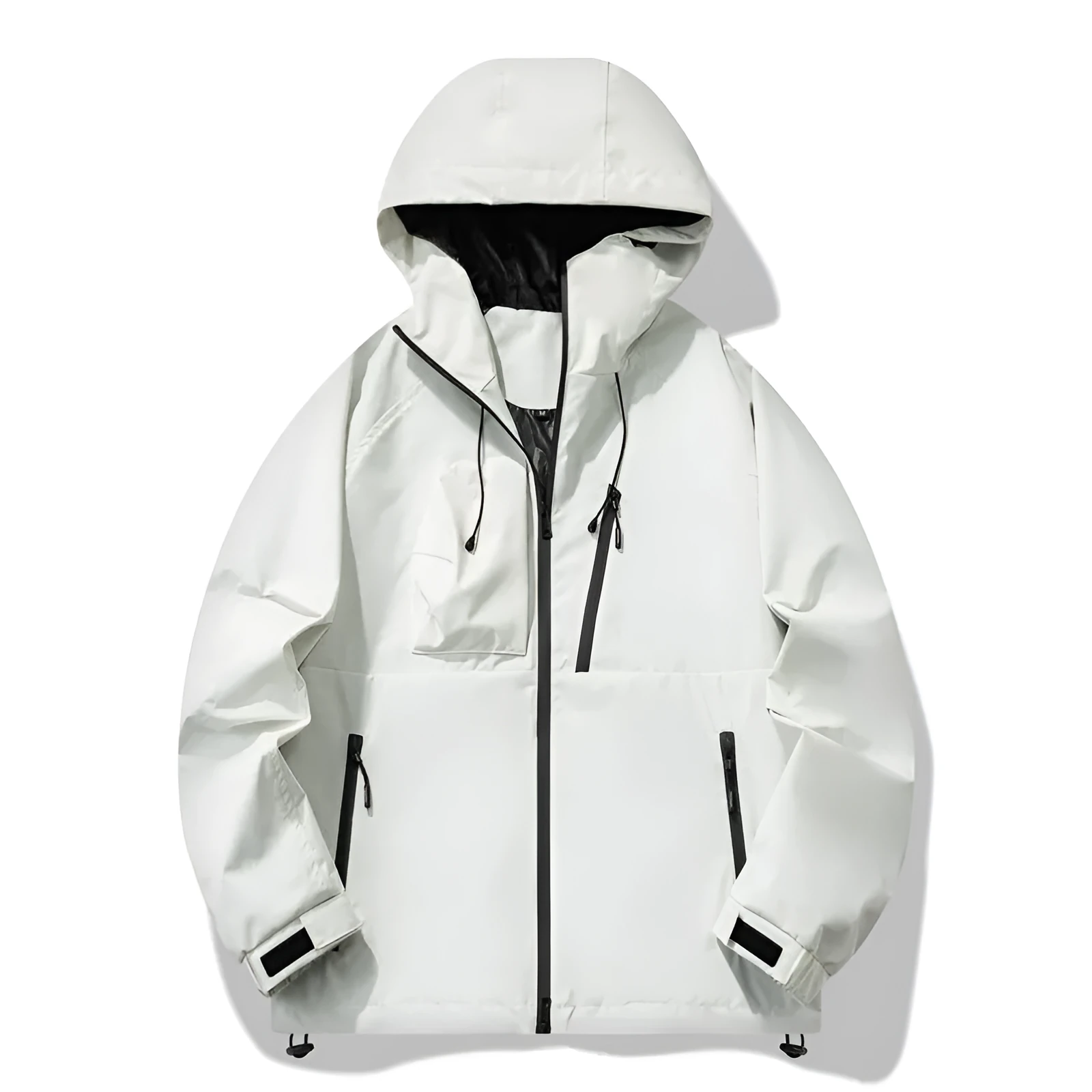 Men's black three-proof outdoor windproof waterproof jacket with zippered pockets, regular fit, polyester blend fabric