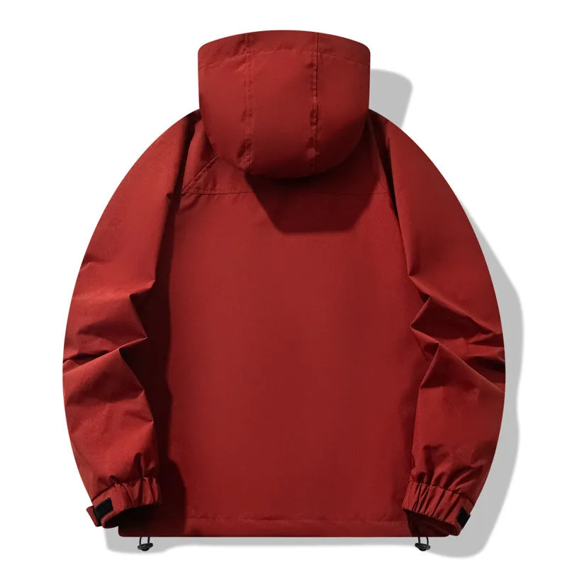 Men's black three-proof outdoor windproof waterproof jacket with zippered pockets, regular fit, polyester blend fabric