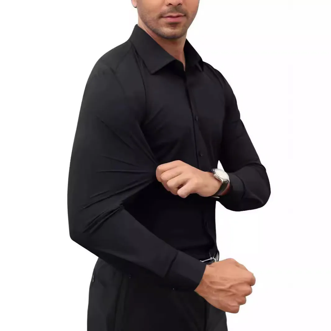 Men's long sleeve cardigan shirt in solid colour with polyester four-way stretch fabric, full elastic force construction