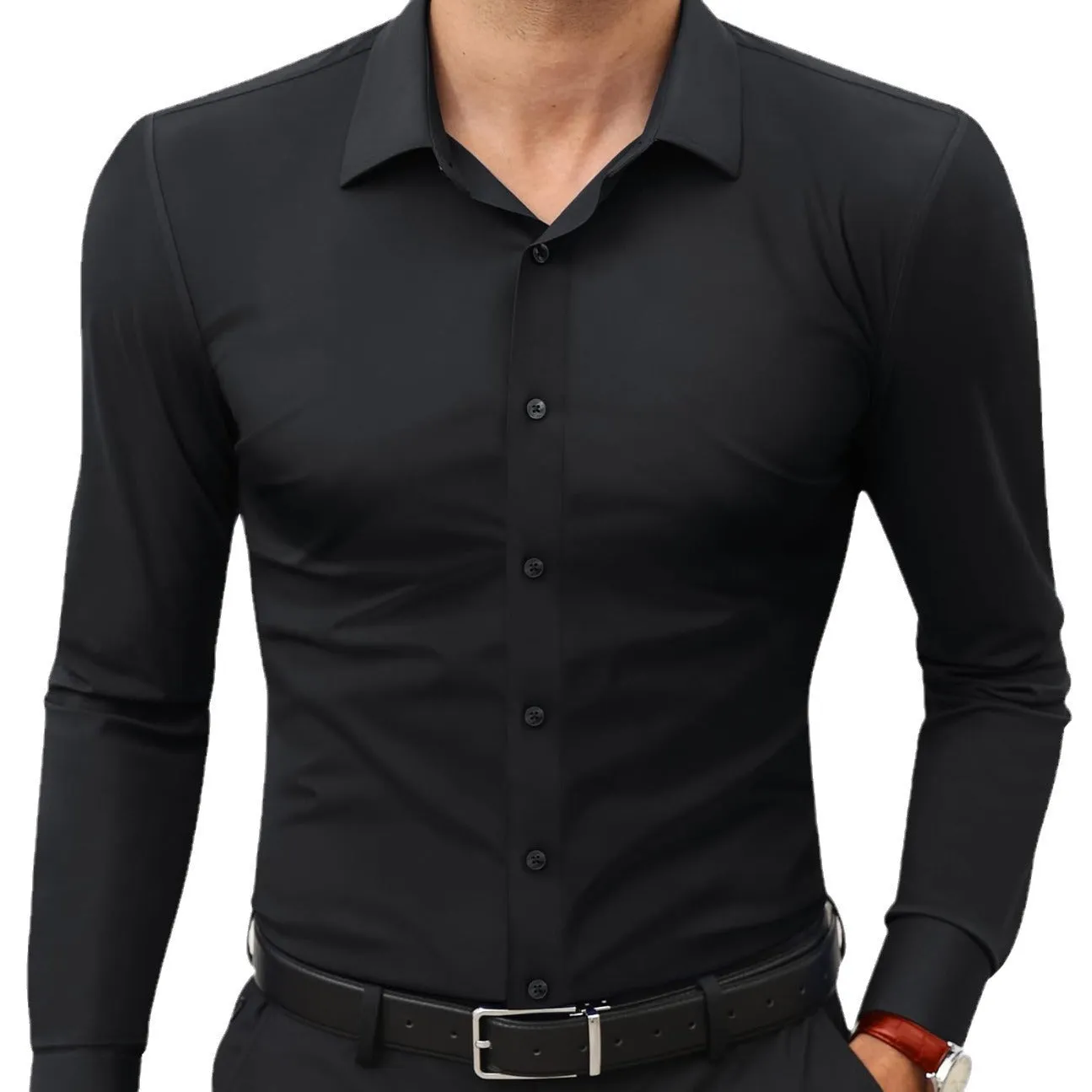 Men's long sleeve cardigan shirt in solid colour with polyester four-way stretch fabric, full elastic force construction
