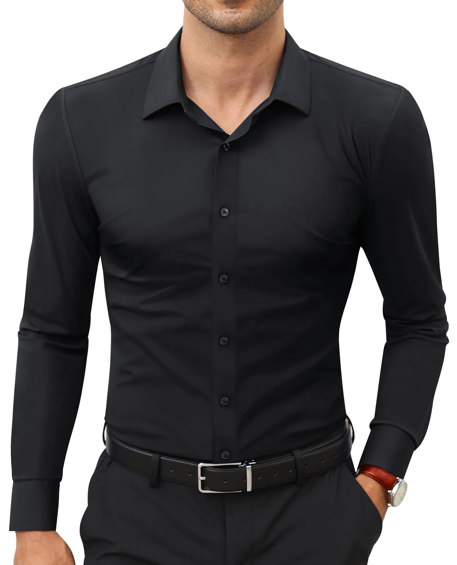 Men's long sleeve cardigan shirt in solid colour with polyester four-way stretch fabric, full elastic force construction