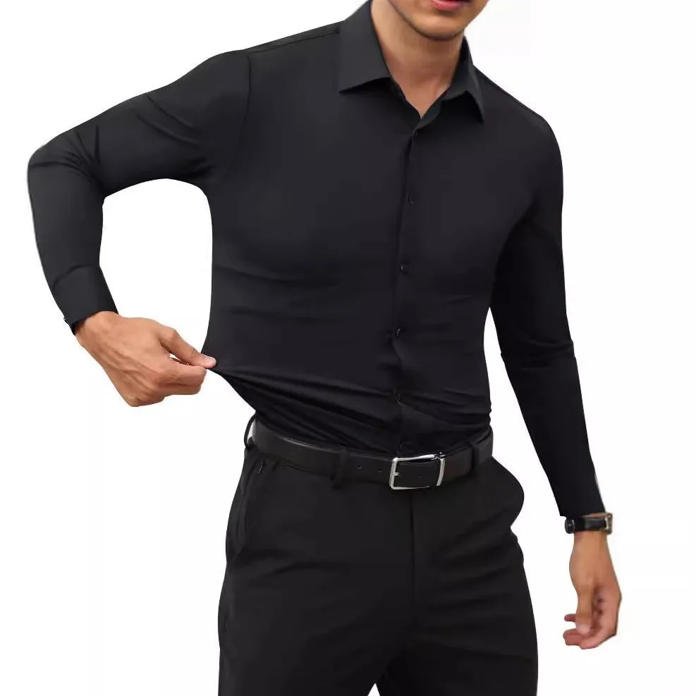 Men's long sleeve cardigan shirt in solid colour with polyester four-way stretch fabric, full elastic force construction