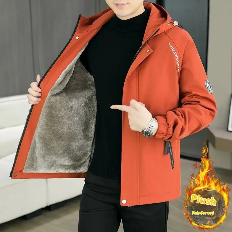 Men's casual hooded winter jacket with fleece lining in corduroy rabbit fur, colour black, front view
