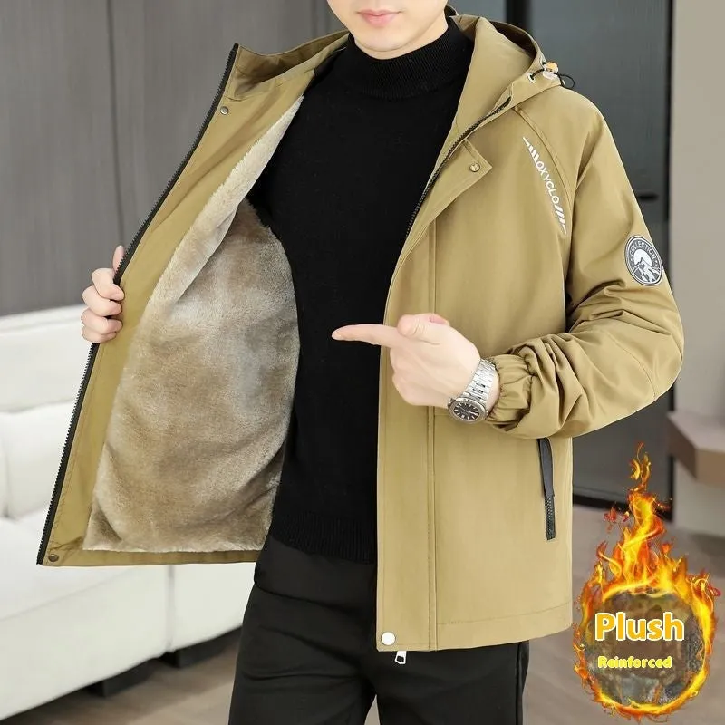 Men's casual hooded winter jacket with fleece lining in corduroy rabbit fur, colour black, front view