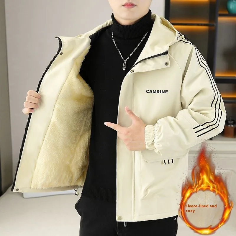 Men's casual hooded winter jacket with fleece lining in corduroy rabbit fur, colour black, front view