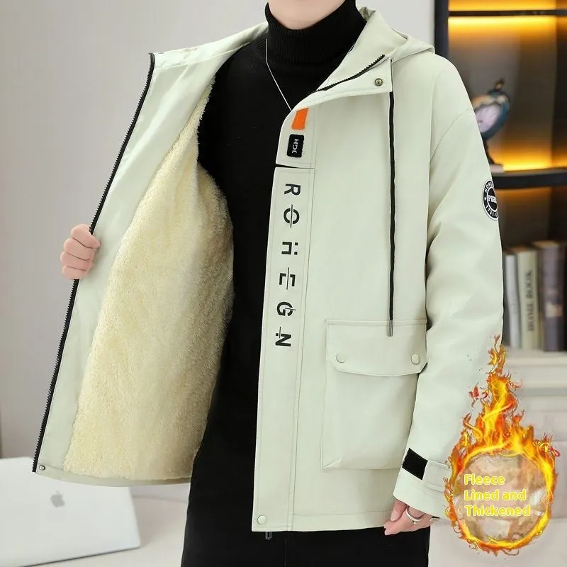 Men's casual hooded winter jacket with fleece lining in corduroy rabbit fur, colour black, front view