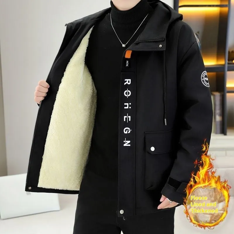 Men's casual hooded winter jacket with fleece lining in corduroy rabbit fur, colour black, front view