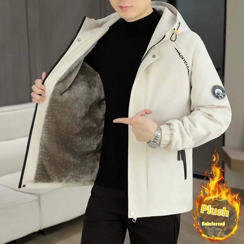Men's casual hooded winter jacket with fleece lining in corduroy rabbit fur, colour black, front view