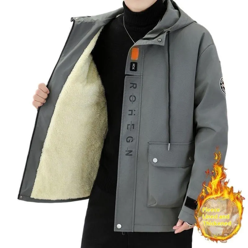 Men's casual hooded winter jacket with fleece lining in corduroy rabbit fur, colour black, front view