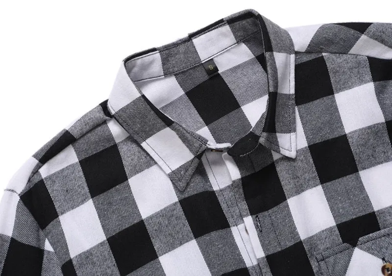 Men's black and white check long-sleeved shirt with lapel collar and double chest pockets