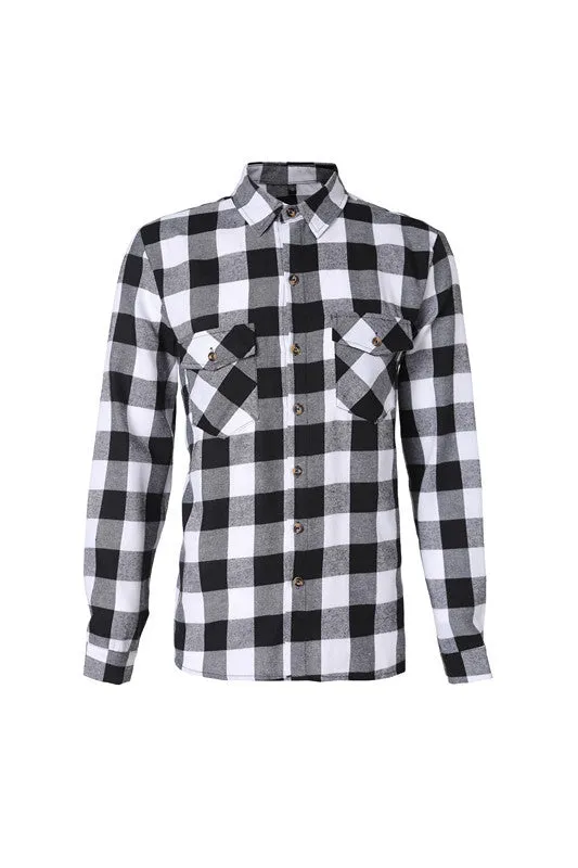 Men's black and white check long-sleeved shirt with lapel collar and double chest pockets