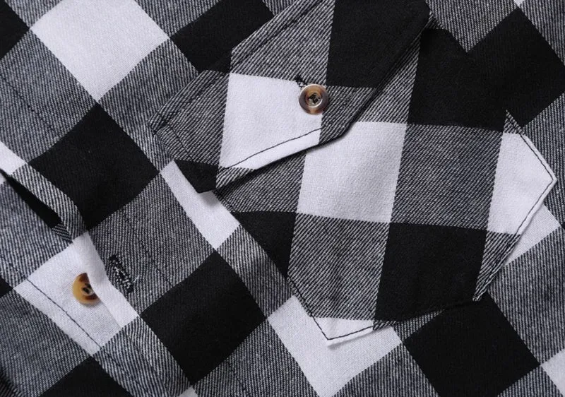 Men's black and white check long-sleeved shirt with lapel collar and double chest pockets