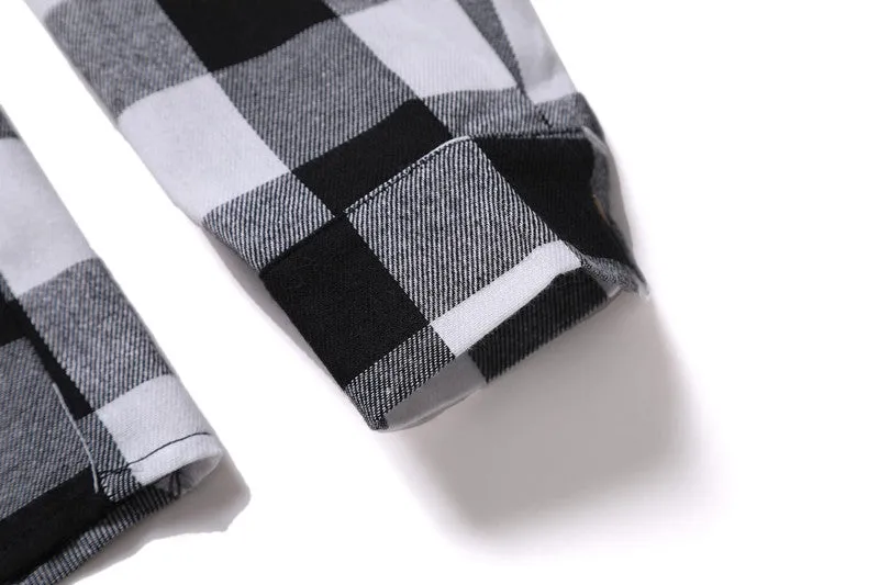 Men's black and white check long-sleeved shirt with lapel collar and double chest pockets